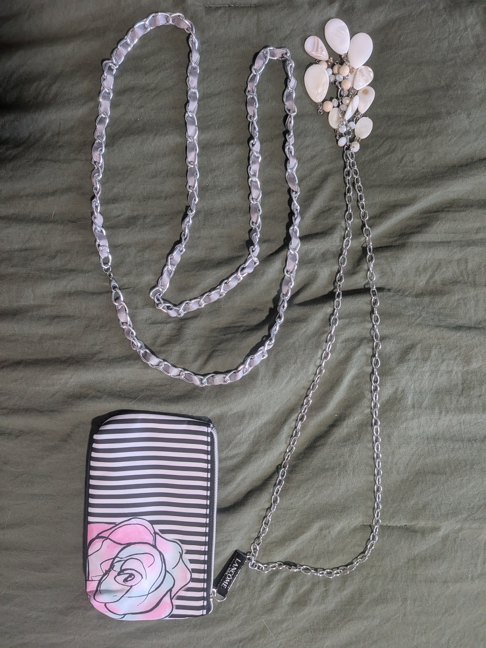 Lancome Striped Makeup Bag with Flowers With Long Chain Necklace Bundles